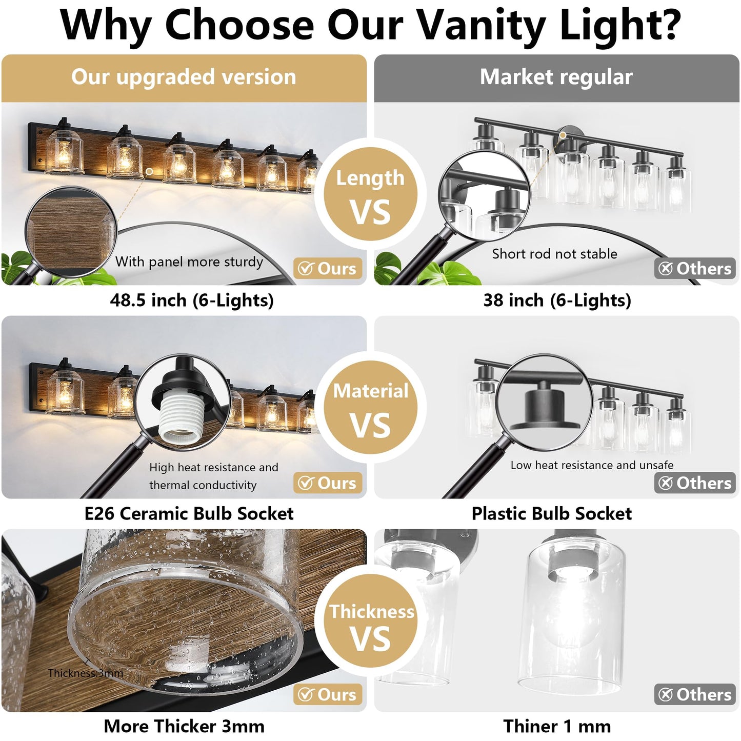 Yklitg Vanity Lights For Bathroom Large 48 Inch  Farmhouse Rustic Vanity Light With Bubble Glass Shades  Brown 6 Light Bathroom Lighting Fixtures Over Mirror  Bath Wall Sconce Home Decor