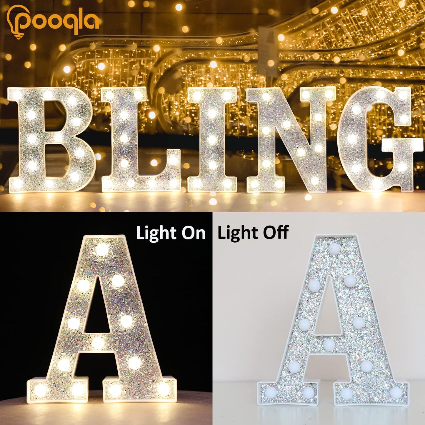 Pooqla LED Marquee Letter Lights, Silver Glitter Alphabet Sign, Battery Powered for Parties, Home Decoration, Letter P