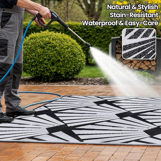 Outdoor Rug for Patio, 6x9 Ft Reversible Outdoor Plastic Straw Rug Waterproof Foldable Camping Mat with Uv Protection, Quick-Dry Straw Patio Carpet for Deck Rv Porch Backyard - Black & White