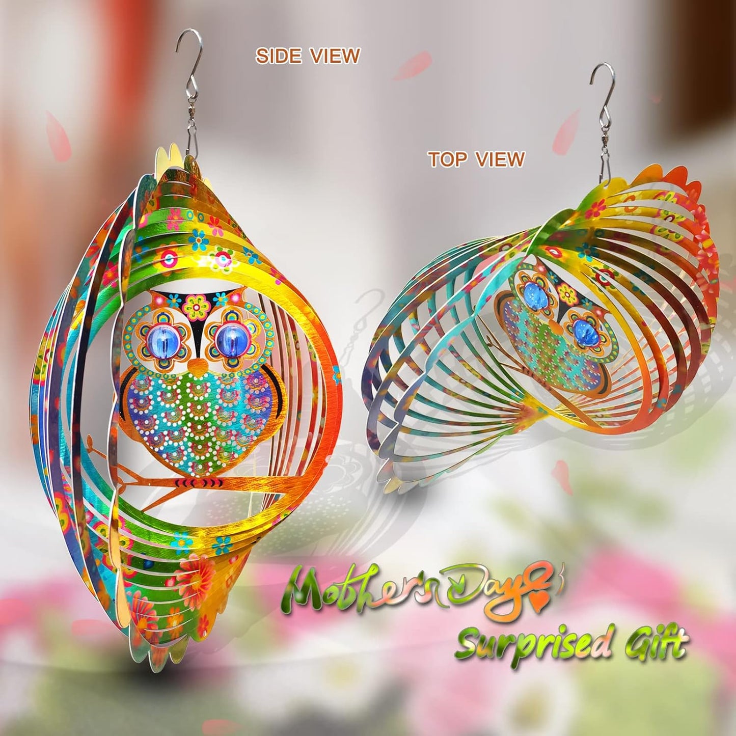 FONMY Wind Spinner Mandala Owl 12 inch 3D Stainless Steel Laser Cut Metal Art Geometric Pattern Hanging Wind Spinner, Kinetic Yard Art Decorations - Indoor/Outdoor Décor