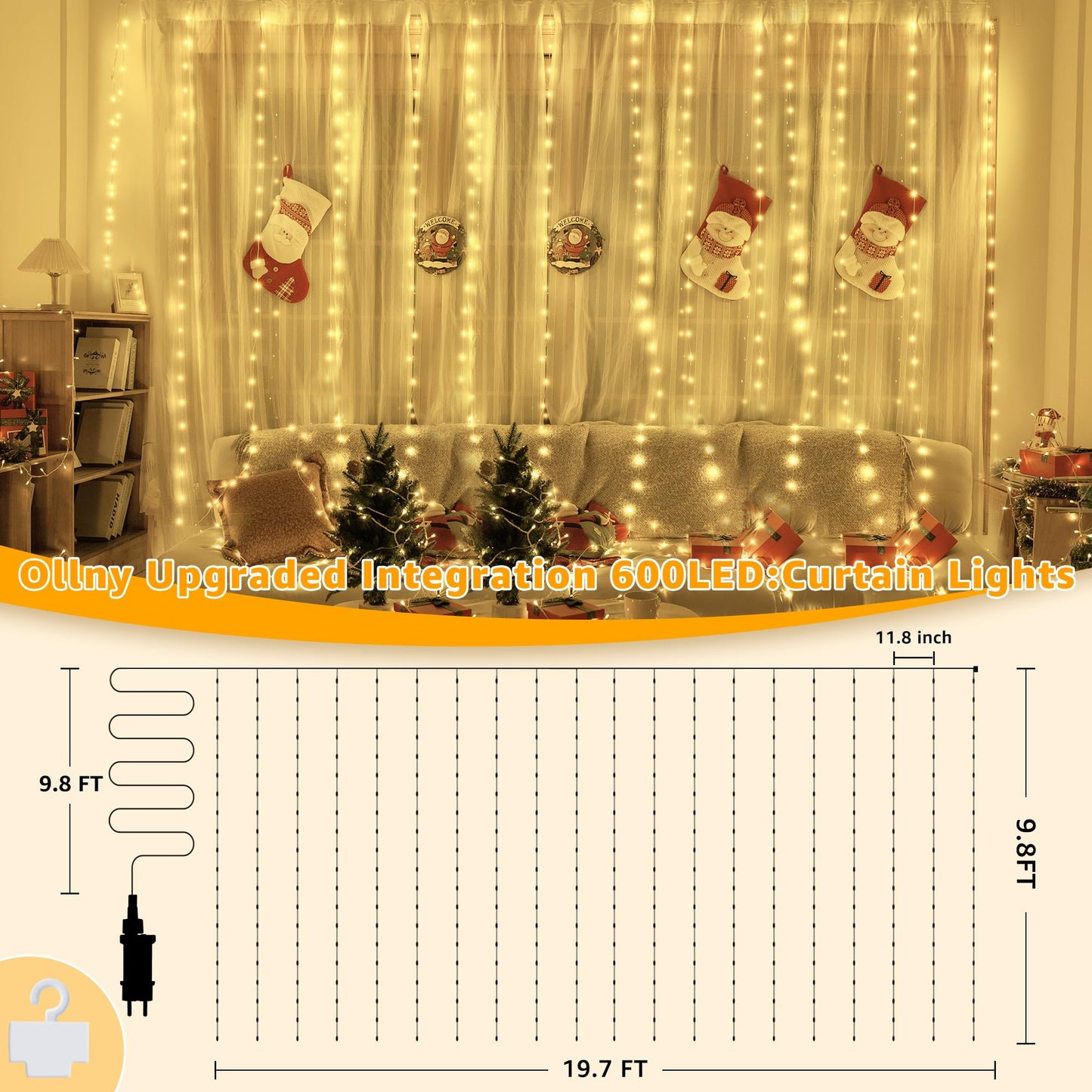 Ollny Curtain Lights 600Led 19.7Ft X 9.8Ft  Ip67 Waterproof Outdoor Curtain Rice Lights With Remote  Plug-In Untangle Rice Curtain Light With 8 Modes 3 Timers For Wall Backdrop Decor(Warm White)