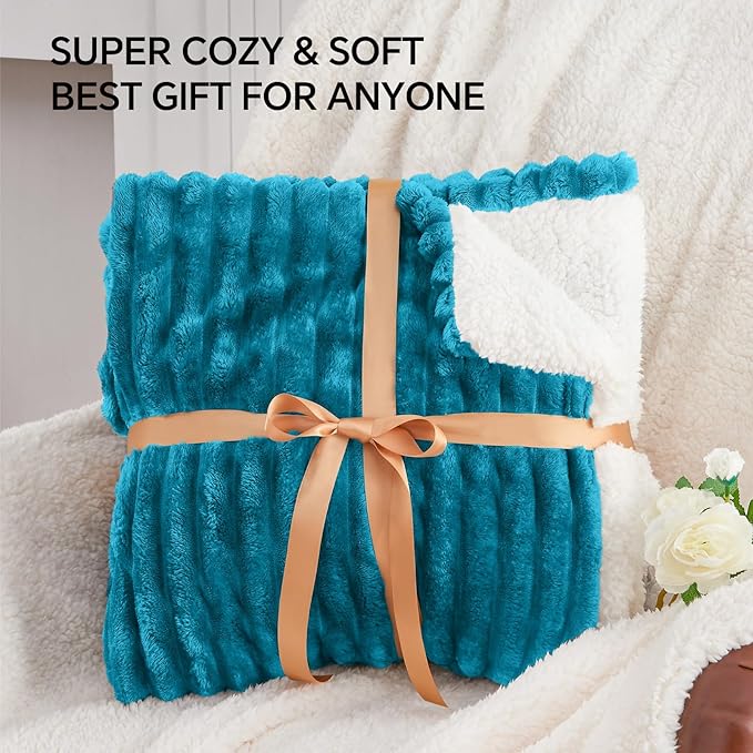 INFIIXSO Sherpa Fleece King Size Blanket - Super Soft & Warm Striped Fleece, Cozy Plush Fluffy Large Bed Blanket All Season Use (Teal, 104x90 Inches)
