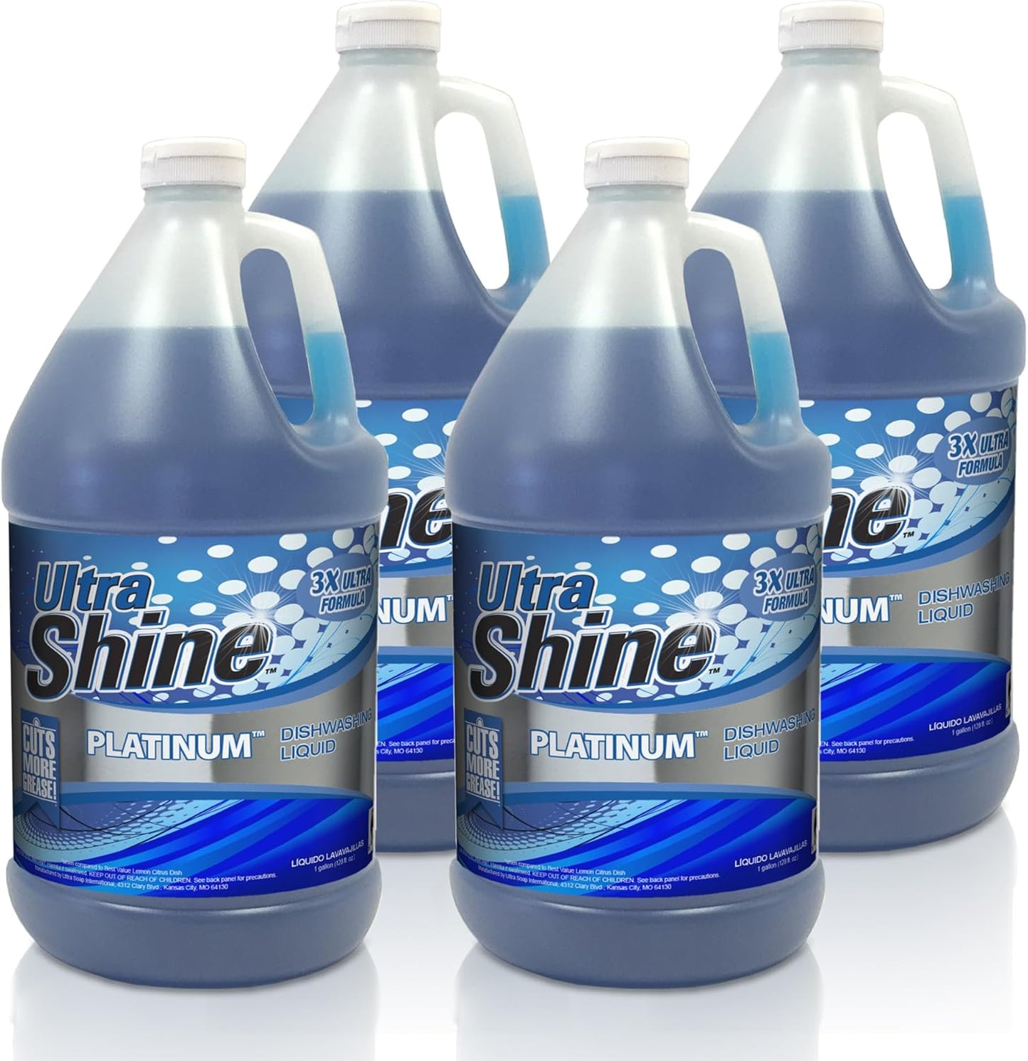 Ultra Shine™ 4 Pack 3X Platinum™ Dishwashing Liquid, Powerful Grease Remover, 1 Gallon - Concentrated Dish Cleaner Soap for Commercial Kitchens, Restaurants & Home Cleaning, Gentle on Hands & Skin