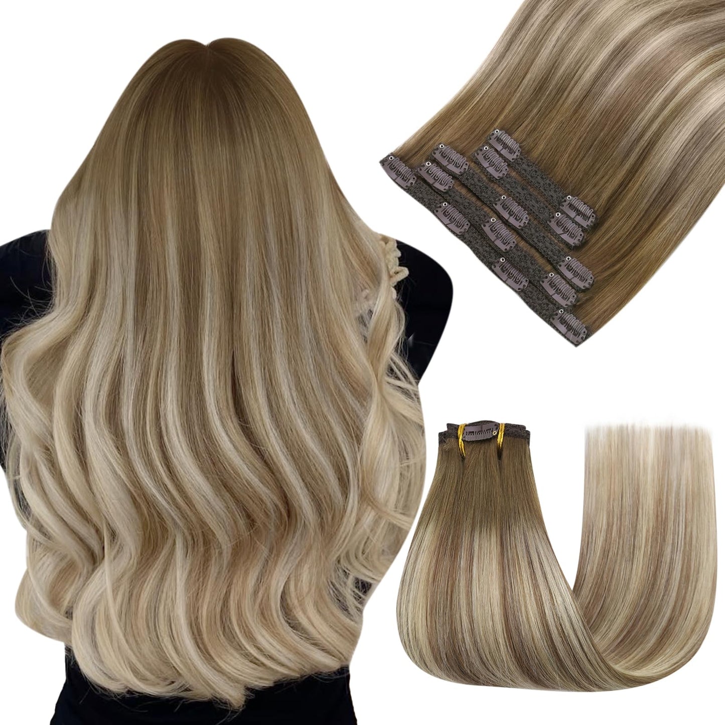 Easyouth 22 Inch Clip in Hair Extensions Real Human Hair Balayage Clip in Hair Extensions Dark Brown Mix Light Brown with Medium