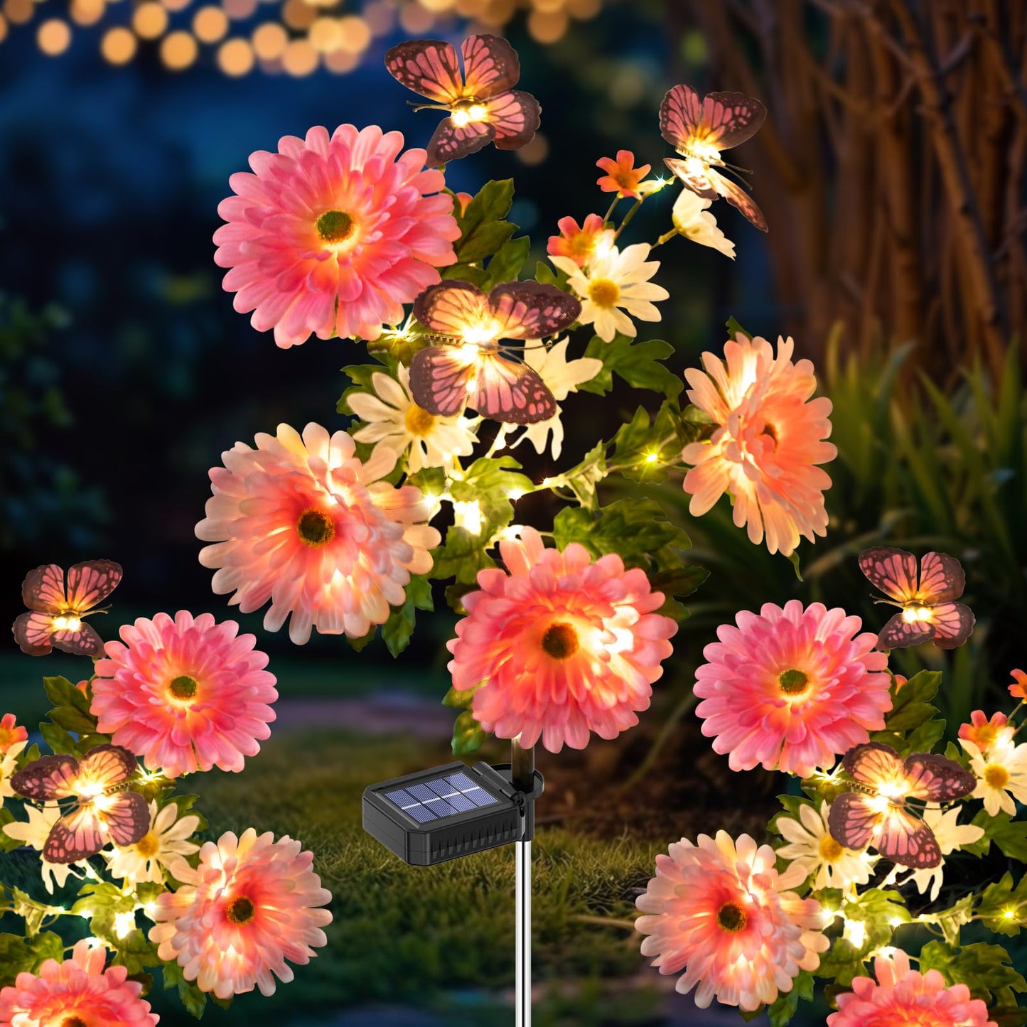 TopVelo Solar Garden Light 2 Packs, 120 LEDs Outdoor Solar Lighting with Daisy and Butterfly, Waterproof Outdoor Garden Light fo