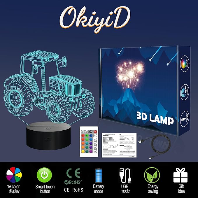 Tractor Gifts, Tractor Night Light, 3D Illusion Lamp with 16 Colors Remote and Touch Control - Gifts for Boy Men Women Christmas Decoration, Girl Boys' Kids Room, Birthday Gift