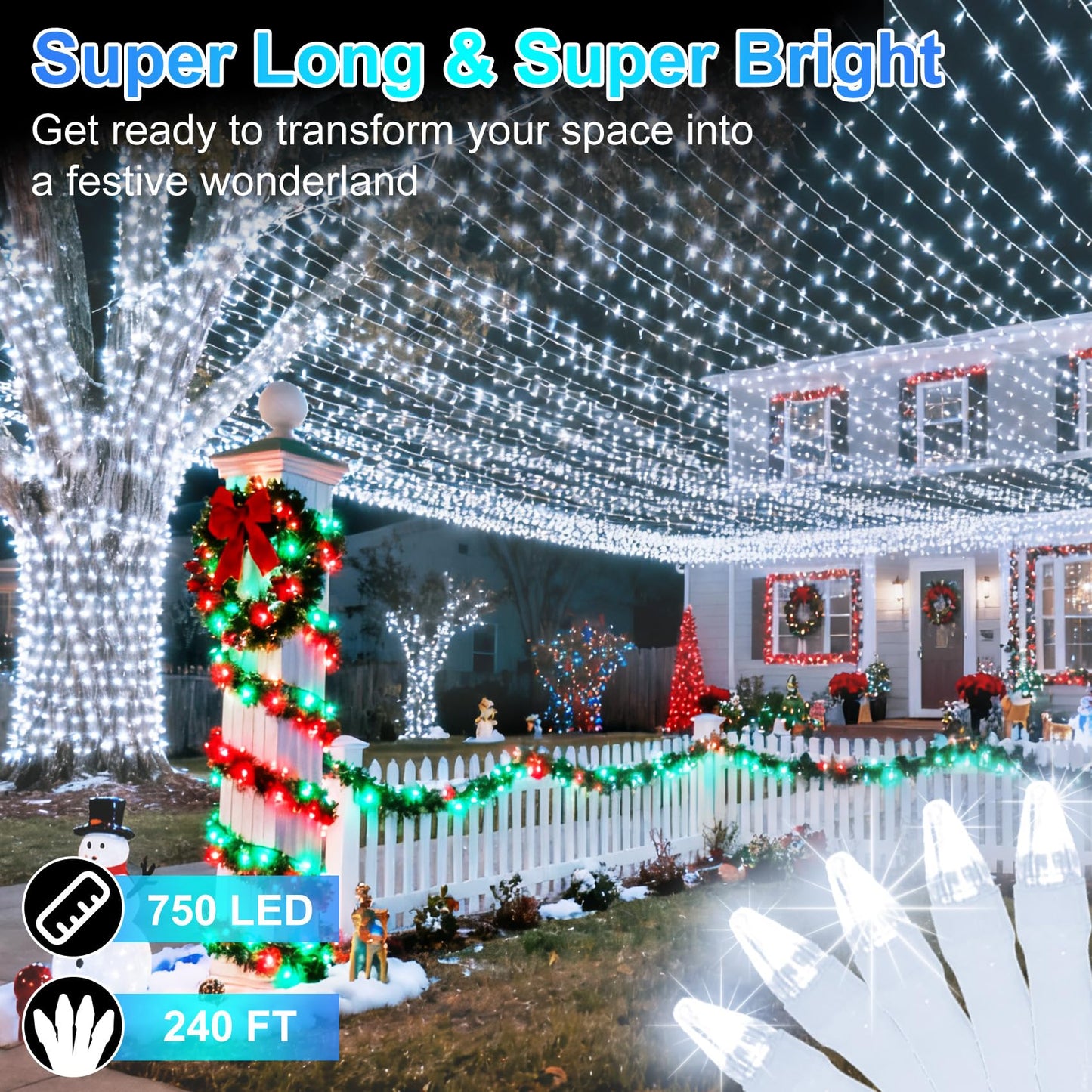 750 Led 240Ft Christmas String Lights Outdoor  12 Pro Modes And Timer Memory & Brightness  Plug In Outdoor Waterproof Clear Wire Twinkle Light For For Xmas Yard Tree Wedding Party Decor (Cool White)