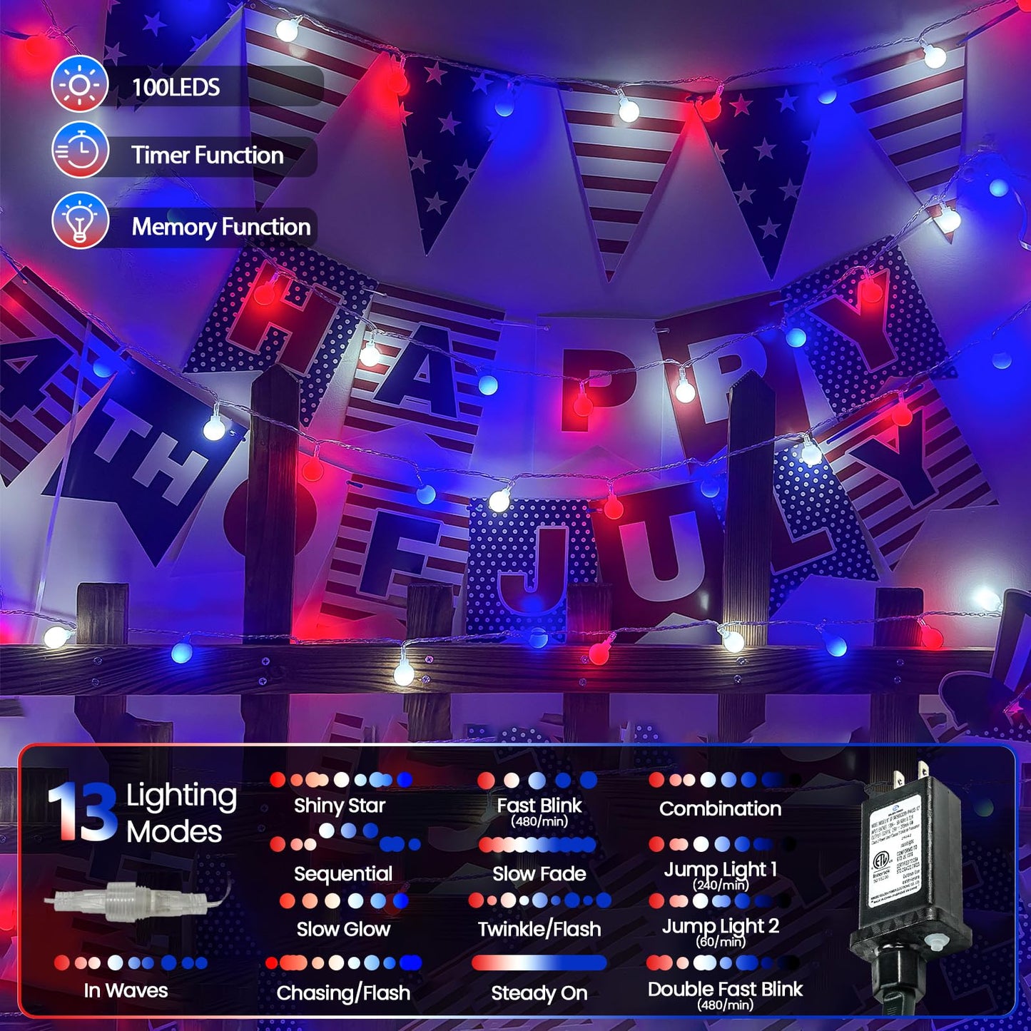 LORRYTE Connectable String Lights 100 LED Waterproof 42FT Red White Blue, 13 Modes with Timer for Indoor Outdoor Use