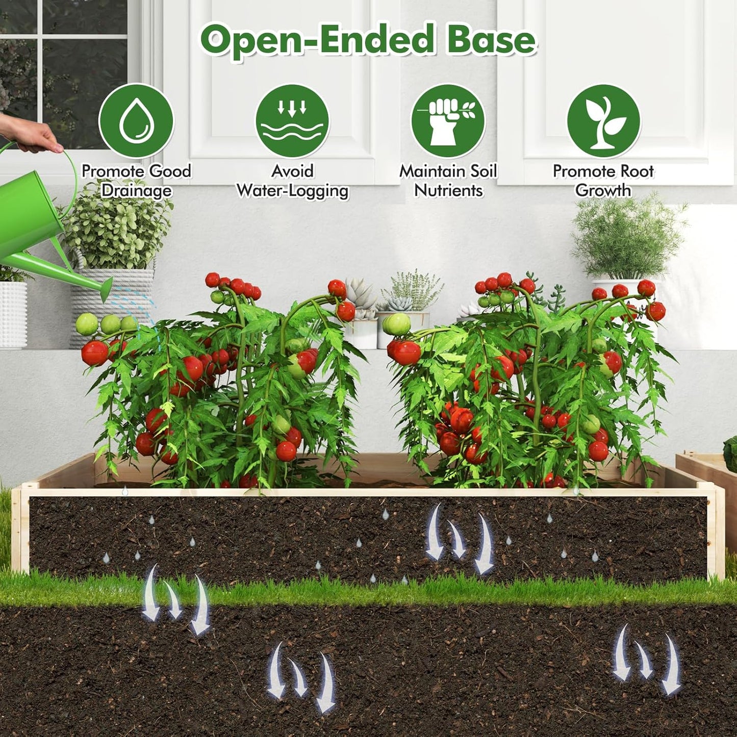 HAPPYGRILL 3-Tier Raised Garden Bed, Wooden Planter with Trellis & Open-Ended Base for Patio Yard Lawn, Outdoor Planter Boxes for Climbing Plants Vines Flower Herb Vegetable Fruit, 44” x 45” x 56”