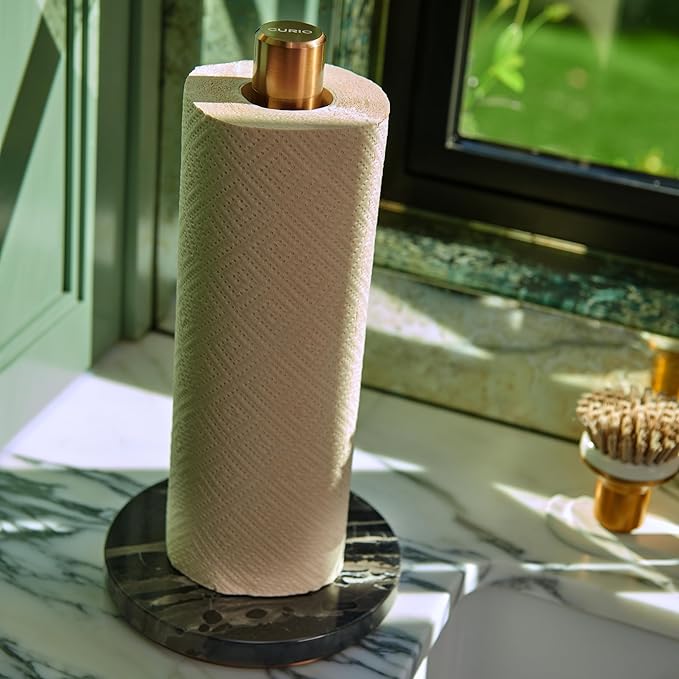 Curio Home Goods Obscura Paper Towel Holder plus Spray Bottle, Stainless Steel and Marble, Bronze/Black