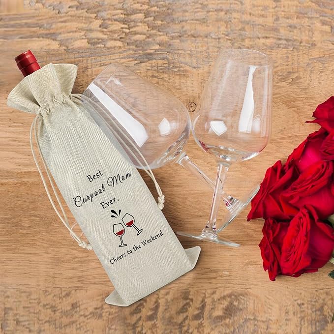 Gfhzdmf Mother's Day Gift for Mom Carpool Mom Wine Bag Birthday Gift for Mom Mother in Law Christmas Holiday Vocation Gift for Women Thank You New Year Gift for Mommy Mama Cotton Burlap Wine Wrap Bag