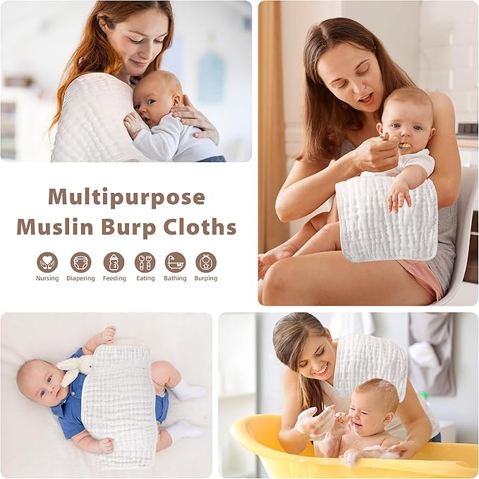 BHYTAKI 12-Pack Muslin Burp Cloths for Baby Boys & Girls, 20"X10" Essentials Large 100% Cotton Burp Rags, 6 Layers Extra Absorbent and Soft burping Cloths for Babies (White)
