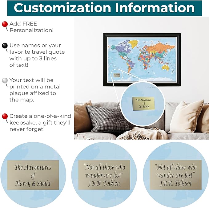 Push Pin Travel Maps - Customizable Blue Oceans World with Brown Frame- 27.5" x 39.5" - 8 Handcrafted Frame Options - Made in USA - Ideal for Adventurous Travelers