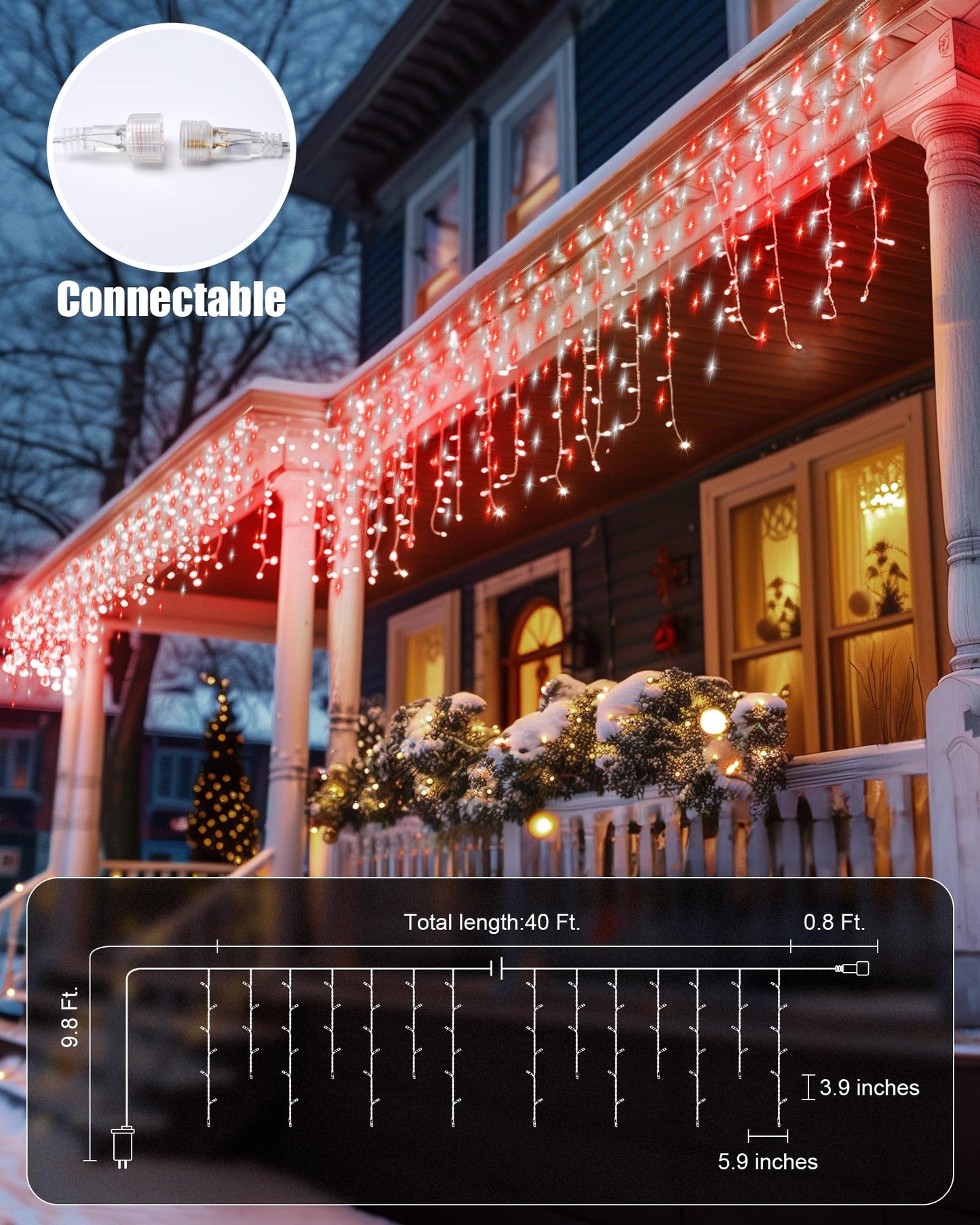 Brightown Icicle Lights Outdoor  40 Ft 432 Led Icicle Christmas Lights With 81 Drops  8 Modes  Icicle String Lights With Remote Timer  Waterproof Christmas Lights For Outdoor Tree Decor  Red And White