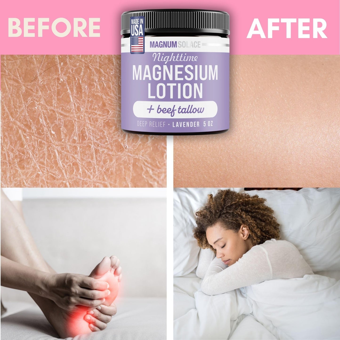 Nighttime Magnesium Lotion with Beef Tallow - Soothing Relief for Muscles & Joints - Highly Concentrated - Apply to Legs or Feet