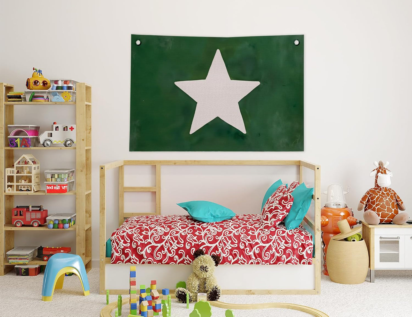Retro Hand Drawn Star Wall Decor for Boys Room,Boy Nursery White Star Dark Green Canvas Banner Wall Art,Trendy Flag Decor for Kids Baby Little Boys Room Bedroom Playroom, 20x30 in
