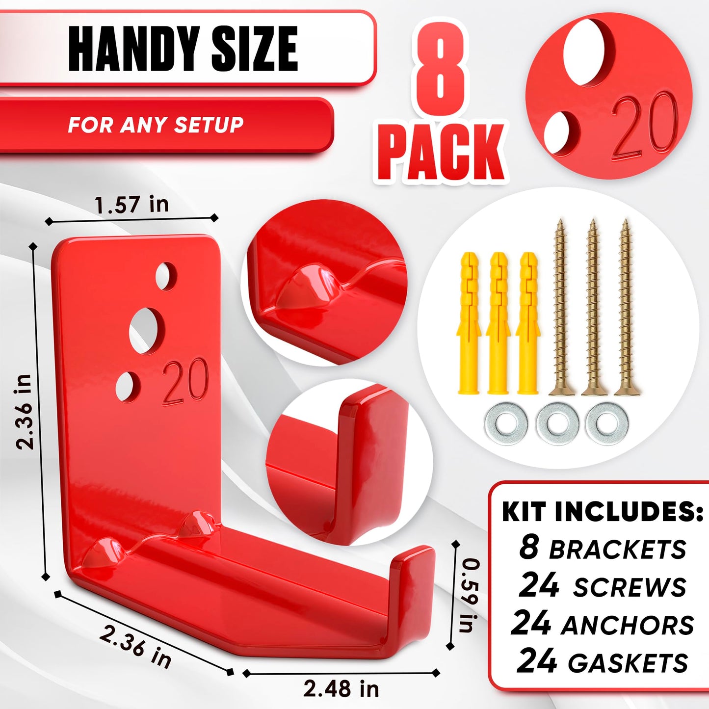 8 Pack Fire Extinguisher Hook - 2.36″ × 1.57″ × 2.36″ Fire Extinguisher Wall Mount Bracket, Hold Up to 20 lbs Each, Easy to Install, Includes Screw, Gaskets & Anchors, Good for Garage, Workshop, Home