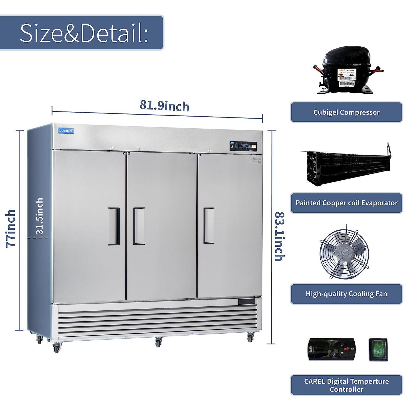 ICECASA 82" W Commercial Refrigerator Reach-in 72 Cu.ft 3 Solid Door Stainless Steel Commercial Refrigerator Fan Cooling for Restuarant, Bar, Shop, etc