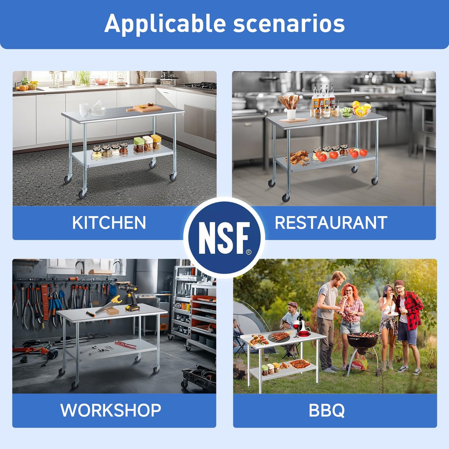ROCKPOINT Stainless Steel Table for Prep & Work 30x48 Inches, NSF Metal Commercial Kitchen Heavy Duty Table with Adjustable Under Shelf and Table Foot for Restaurant, Home and Hotel