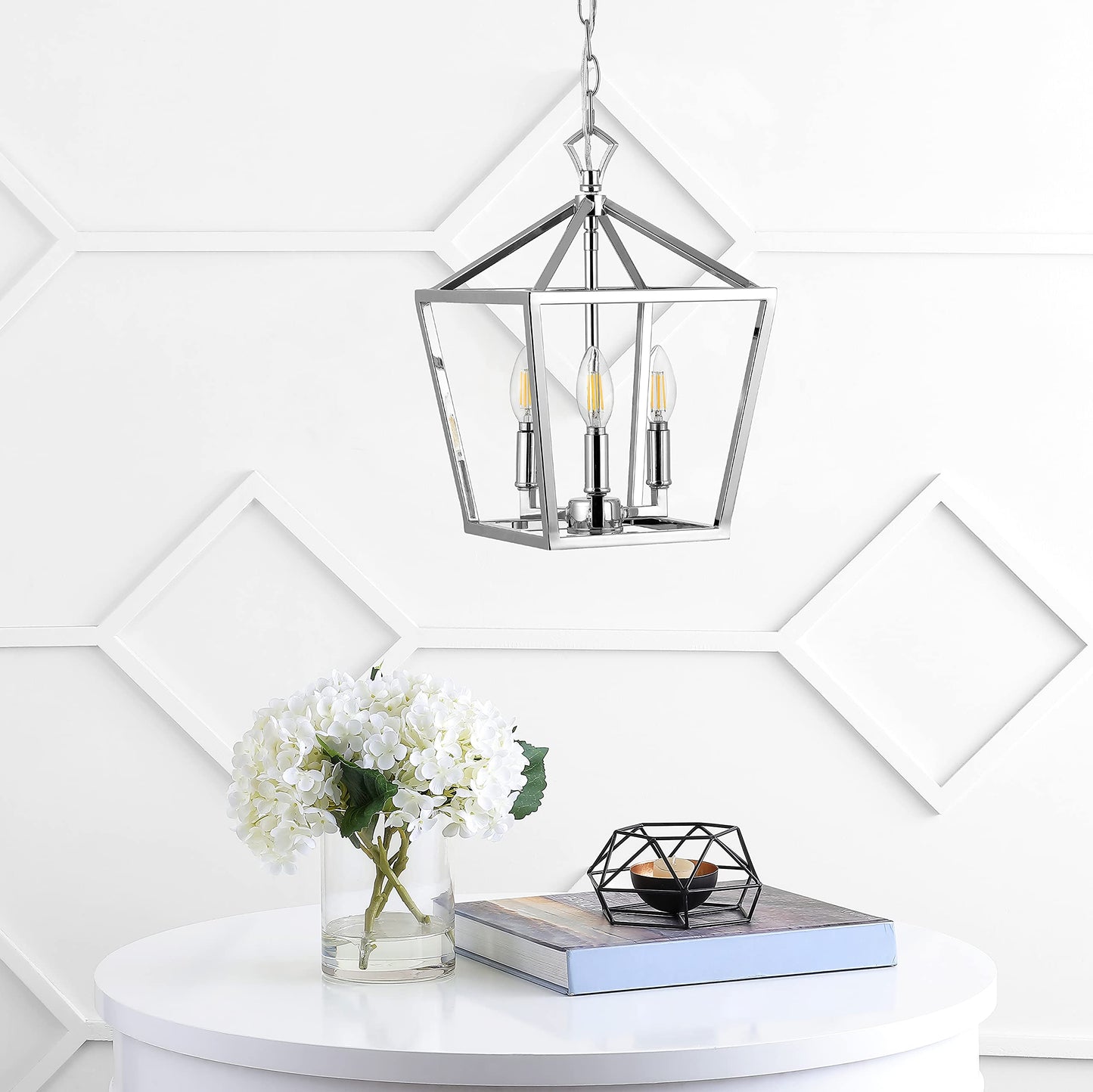 JONATHAN Y Pagoda Lantern LED Pendant Light, Dimmable Adjustable, 10in Chrome, Model JYL7601C, Iron Material