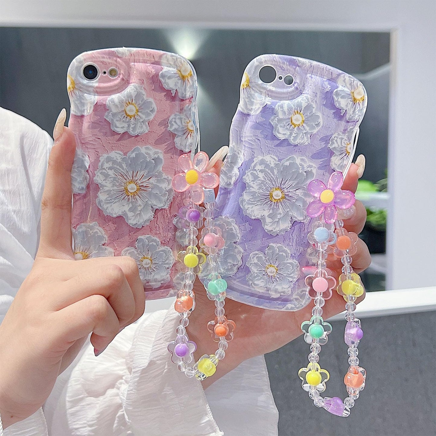 For Iphone 6S Plus Iphone 6 Plus Curly Wavy Case, Cute Colorful Retro Oil Painting Flower Glossy Pattern [With Bead Chain], Slim