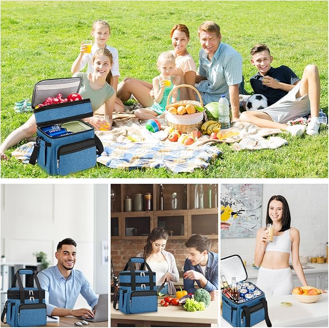Insulated Lunch Bag & Lunch Box for Men - Double Deck Reusable Lunch Bag for Women Tote Cooler Bag Leakproof Soft Expandable - Large Lunchbox for Work/Adult/Picnic/Outdoor (Blue，15L)