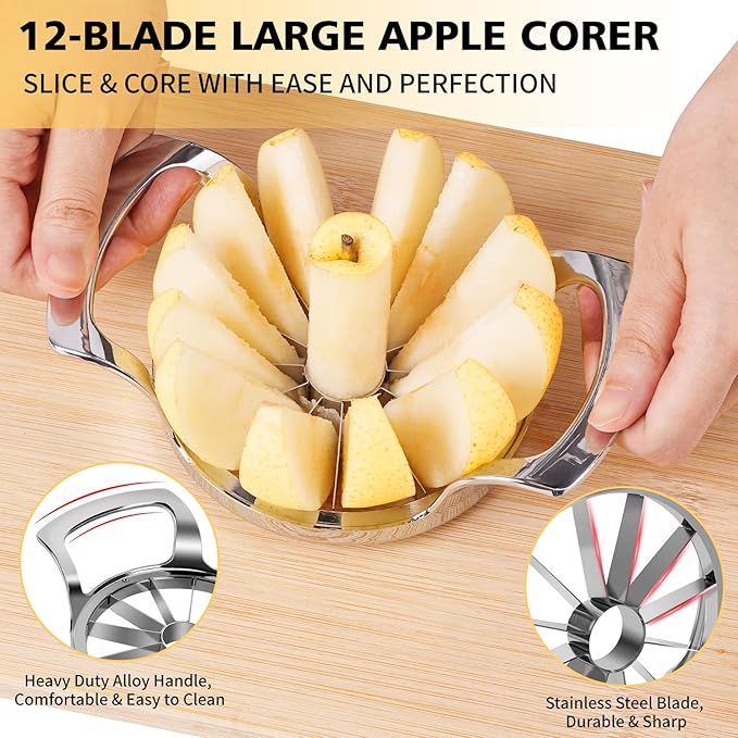 4.72 inches Apple Slicer,12-Blade Extra Large Apple Corer, Heavy Duty Stainless Steel Apple Cutter and Divider with Updated Safe Blade System