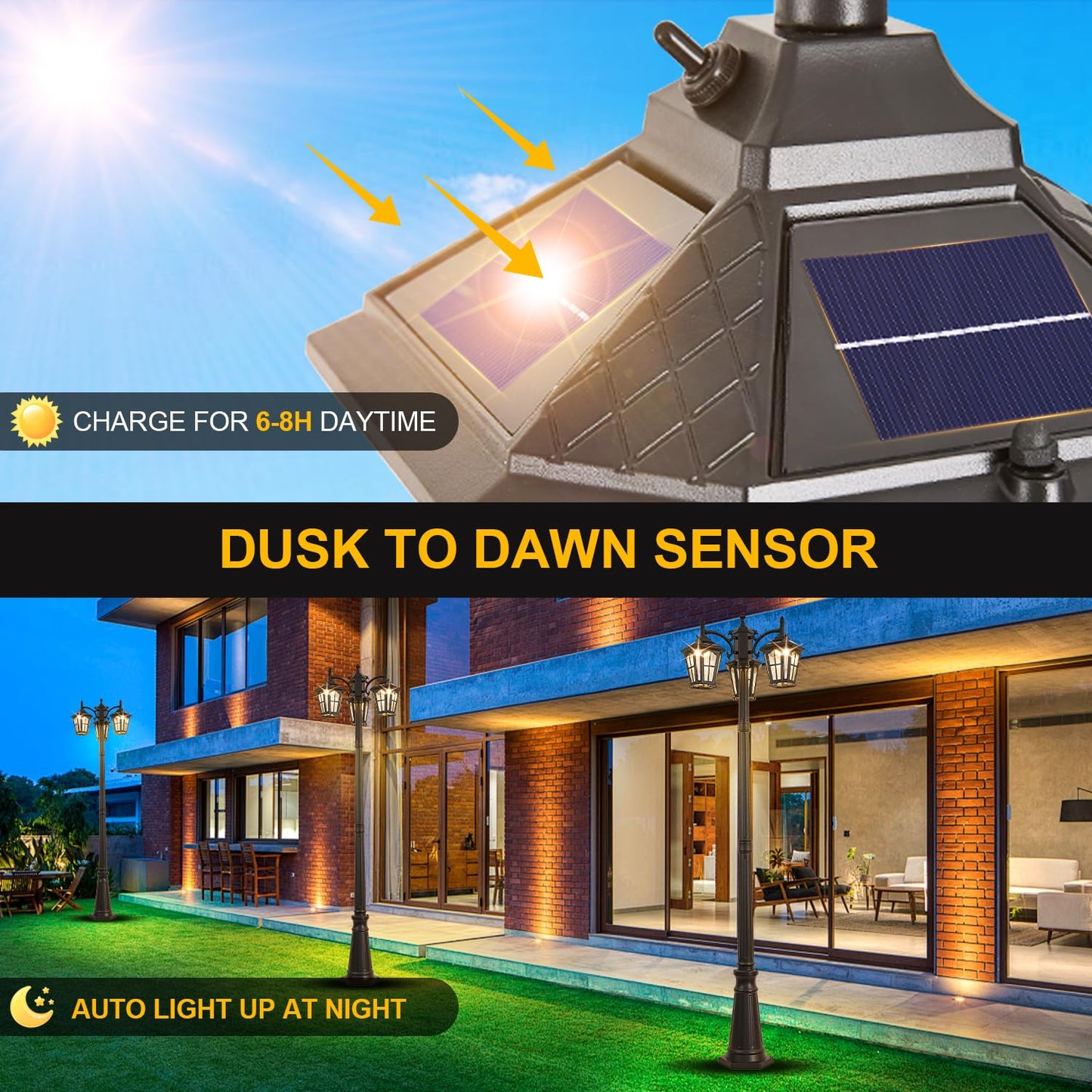 Gydz 3-Head Solar Outdoor Street Light With Dusk To Dawn Sensor  Aluminum Exterior Pole Light With Water Ripple Glass  Classic Waterproof Black Solar Lamp Post Lights For Backyard  Garden  Driveway