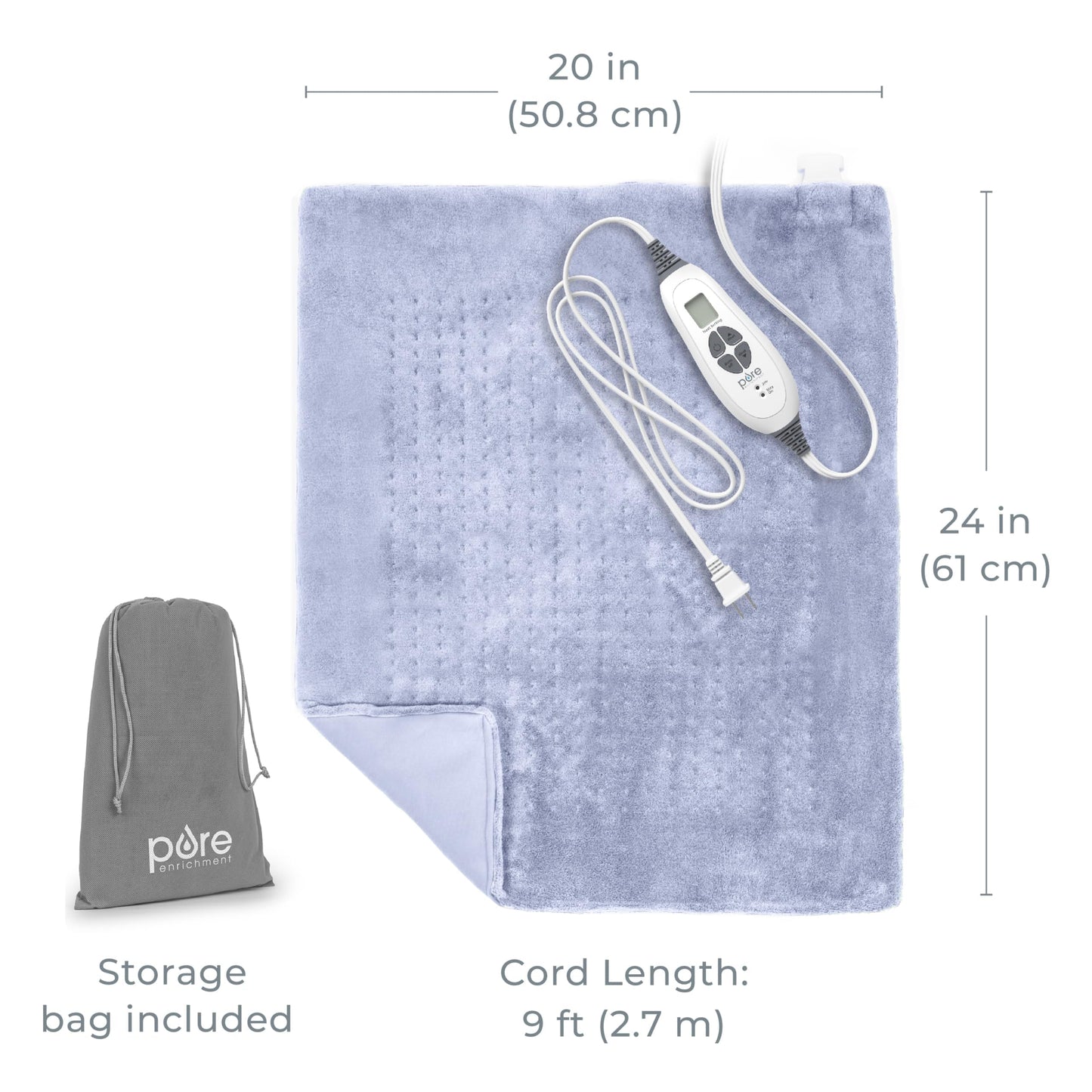 Pure Enrichment PureRelief Ultra-Wide Microplush Heating Pad - 20” x 24” XXL Size & 6 Heat Settings for Temporary Neck, Shoulder & Back Pain Relief - Moist Heat Option & Machine Washable (Periwinkle)