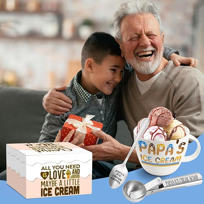 Christmas Papa Gifts, Gifts for Him Papa, Dad's Ice Cream Bowl Scoop Shovel Spoon Set, Papa’s Ice Cream Gift, Ideal Xmas Birthday Father's Day Gift for Man