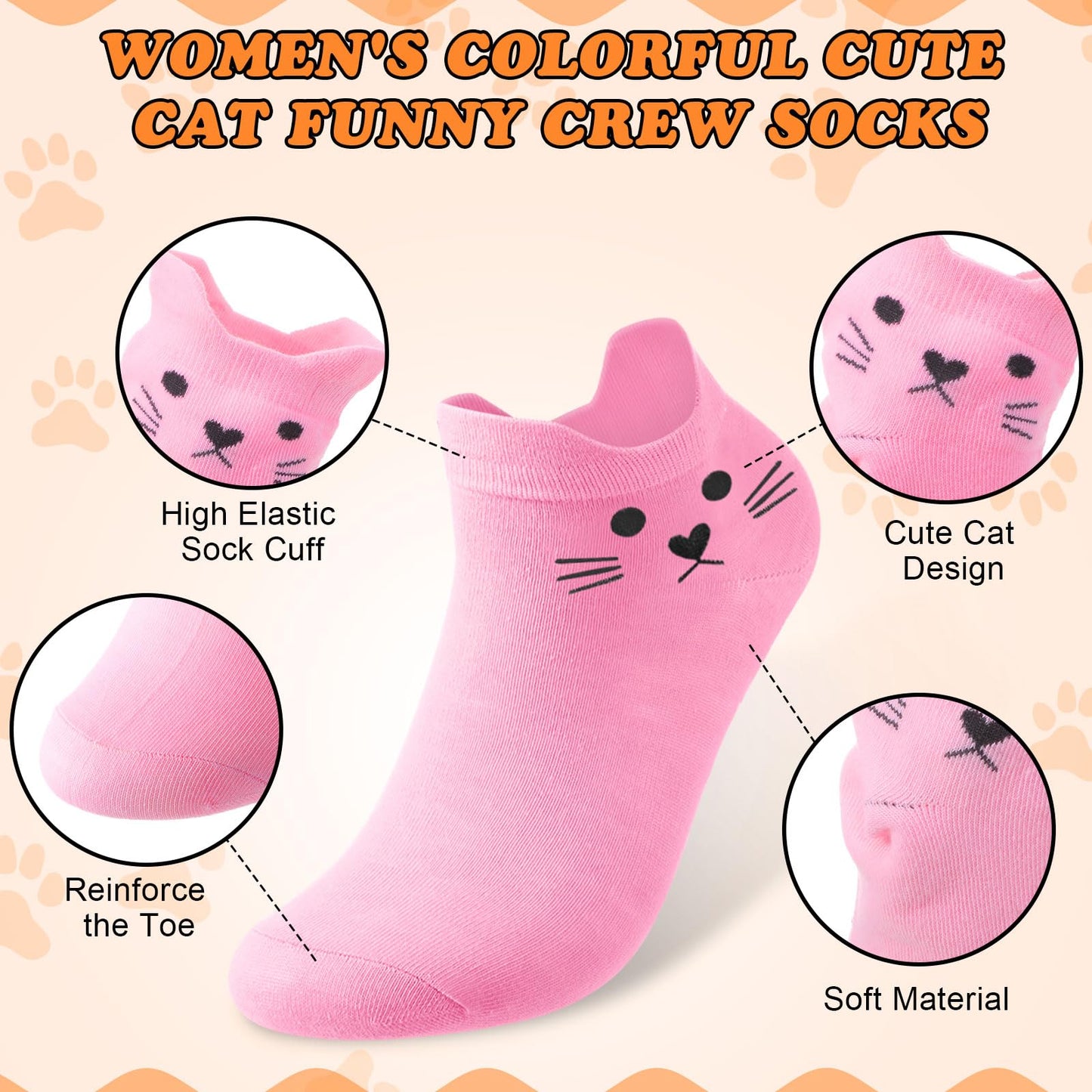 Eurzom 8 Pack Women's Cat Ankle Socks Cotton Breathable Colorful Cute Animal Low Cut Sock Novelty Gifts for Girls Teens