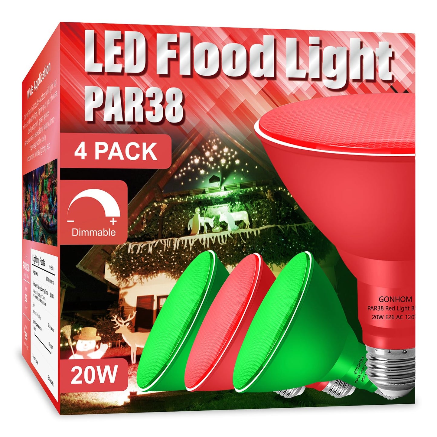 Gonhom Par38 Flood Lights Outdoor Dimmable Led Flood Light Bulbs 20W(Equivalent To 200W) E26 Base Outdoor Porch Holiday Lighting Led Flood Light Bulb For Halloween Christmas 4 Pack Red Green