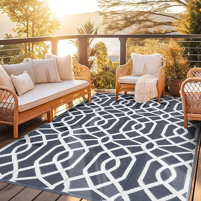 wikiwiki Outdoor Rug, 4x6ft Waterproof Reversible Mat Indoor Outdoor Rugs Carpet, Small Area Rug Plastic Straw Rug for Patio Deck Balcony Pool RV Camping Beach Picnic, Grey, Rugscape Series