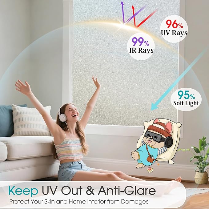 Coavas Window Privacy Film Frosted Glass Static Clings, Decorative Bathroom Door Window Covers Day and Night, Heat UV Blocking Anti-Glare Frosting Stickers for Christmas, 23.6 x 157.5 Inch, Pure