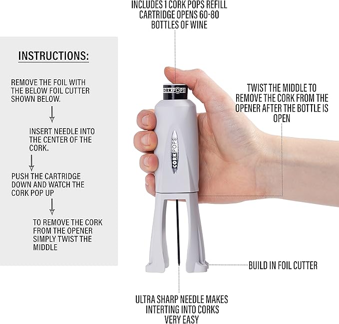 Cork Pops Legacy Wine Opener Built-in 4-Blade Foil Cutter Safe Cork Removal, Effortless Push Button Use, Needle Guard for Safety, Low-Pressure Cartridge Opens Up To 60 Bottles