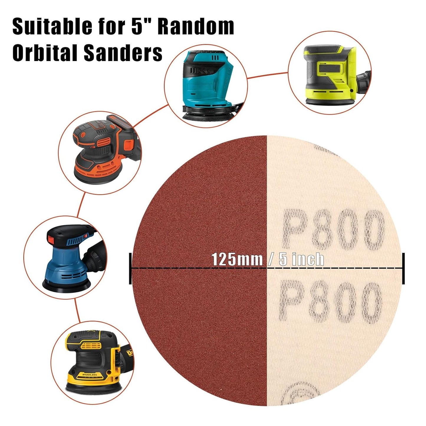 800 Grit 5 Inch Sanding Discs Hook and Loop Sandpaper, 150 PCS 8 Hole Adhesive Extra Fine Sand Paper for Random Orbital Sander