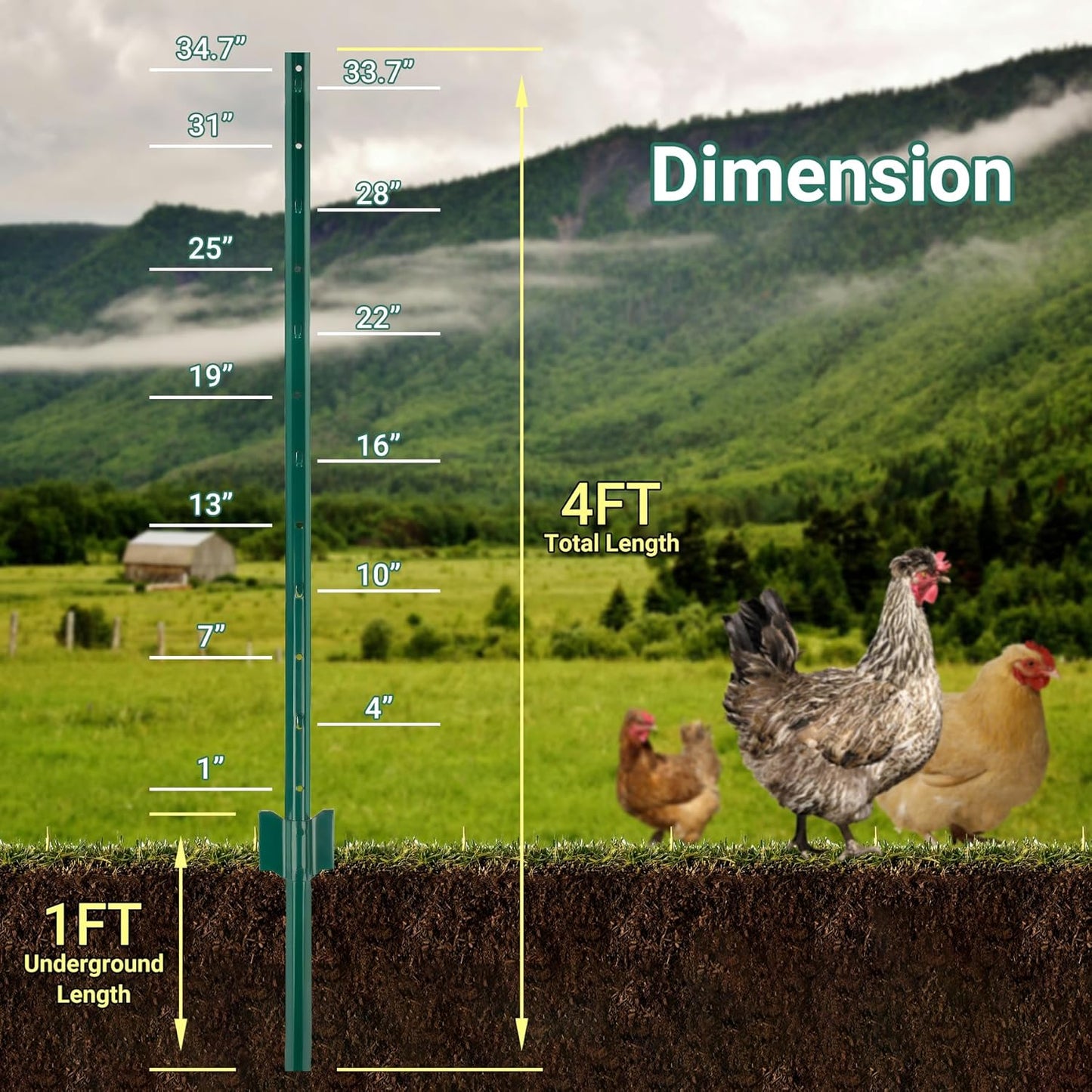 Fence Posts 4 Ft - 16 Pack, Heavy Duty Metal Fence Post, No Dig U Post for Farm, Garden, Orchard and Outdoor Wire Fencing(Green)