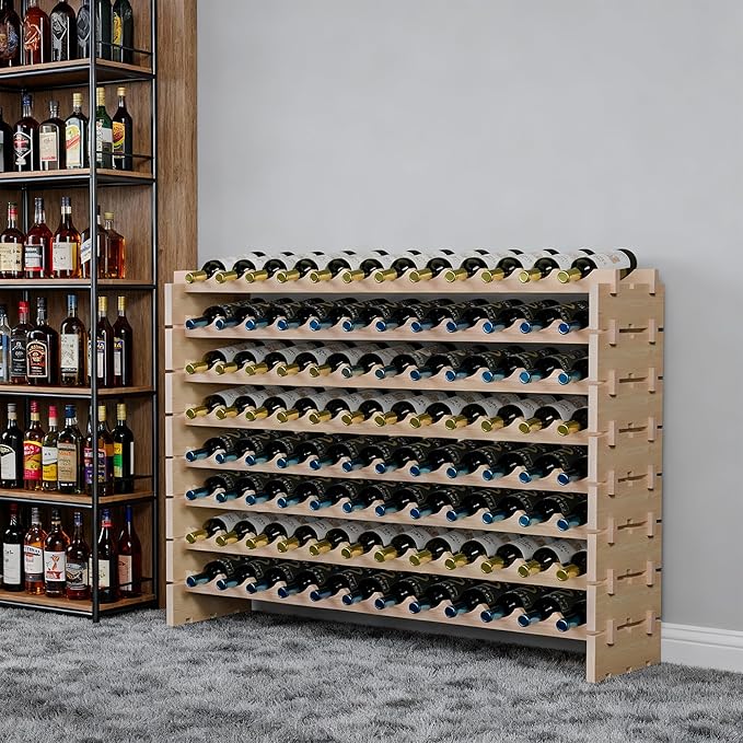 Smartxchoices 96 Bottles Stackable Modular Wine Rack, 8-Tier Wooden Wine Storage Rack Freestanding Wine Holder Display Shelves, Wobble-Free Shelves, Solid Wood