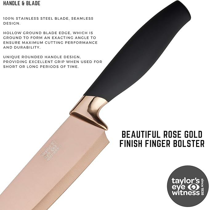 5pc Kitchen Knife Set & Block - Brooklyn by Taylors Eye Witness. Rose Gold Coloured Bolsters, Finely Ground Razor Sharp Titanium Coated Matching Blades. Soft Grip Handles. Modern Fan Shaped Holder.