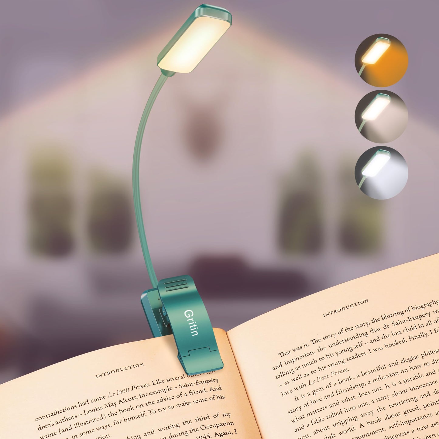 Gritin Rechargeable Book Light - 9 LED, Eye-Caring, 3 Color Temperatures, Stepless Dimming, Clip-On, Green, Model G1330