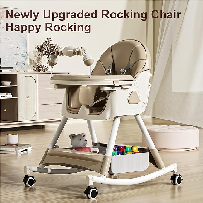 Nine point nine PU Leather High Chairs with Rocking Mode, High Chair for Babies and Toddlers, Adjustable and Easy to Fold Highchair, Highchairs with Double Tray (Khaki)