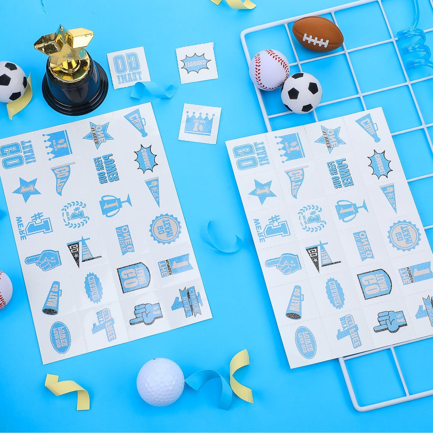 Landhoow 240 Pcs Light Blue Team Spirit Tattoos Temporary Glitter Go Team Tattoos Football Temporary Stickers Party Costume Acce