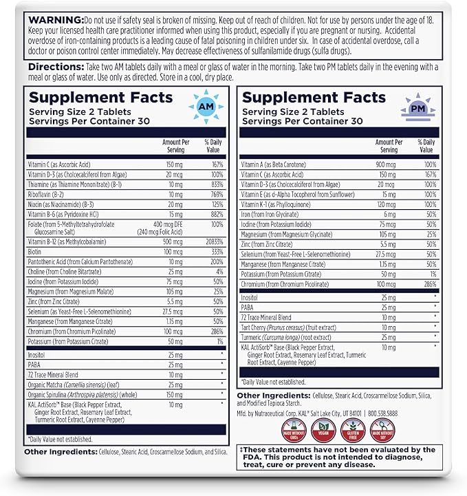 KAL Multivitamin AM/PM, 2-in-1 Womens and Mens Multivitamins Supplements, Turmeric, Tart Cherry, Organic Matcha and Spirulina for Immune,and Cellular Support, Gluten Free, 30 Servings, 120 Tablets