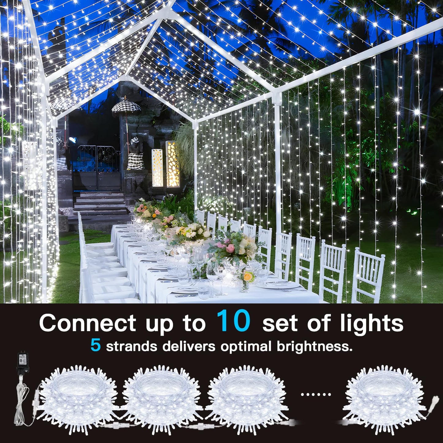 suddus 33ft 100 LED White String Lights, Connectable, 12 Modes, Indoor/Outdoor, Model SD-100STRW