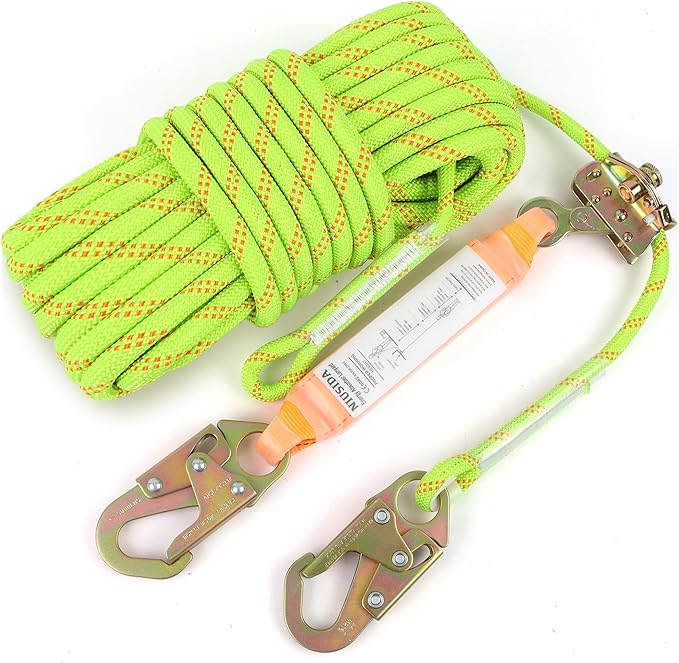 Rope Harness Safety Lanyard 50FT Fall Protection Vertical Roofing Rope with Grab Snap Hooks Shock Absorber Safety Ropes Tr...
