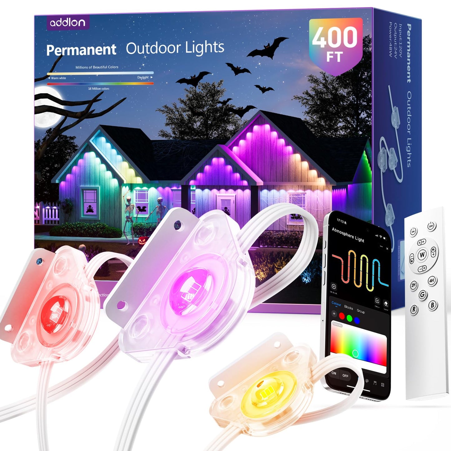 addlon Outdoor LED Lights, Smart RGB+IC, 400FT, IP67 Waterproof, Remote Control, White, Model USET-200FT100LED*2-B-243C