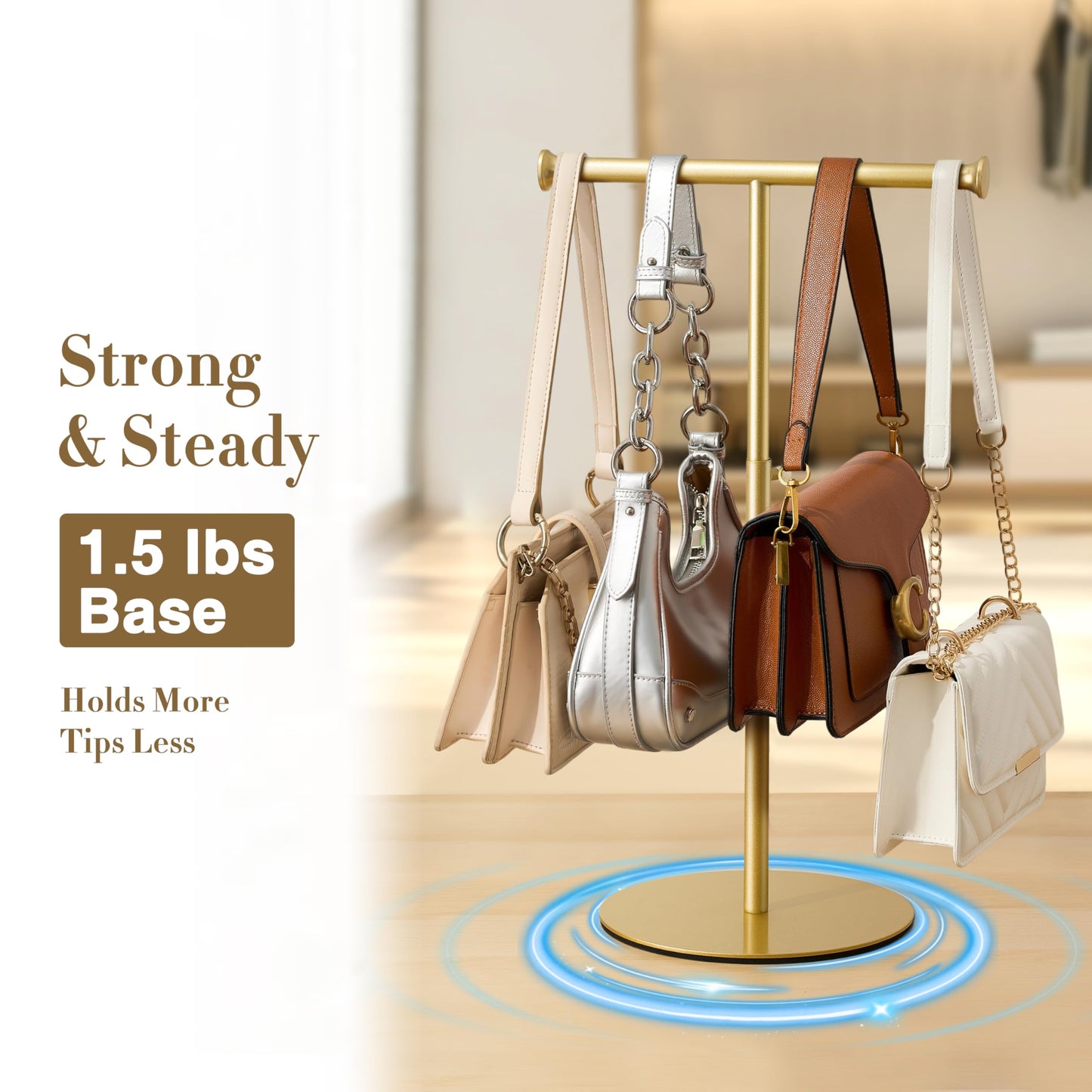 niffgaff T Bar Purse Display Stand Tabletop: Adjustable Height Handbag Holder, Countertop Hanging Rack for Long Necklace Scarf Lanyard, Gold