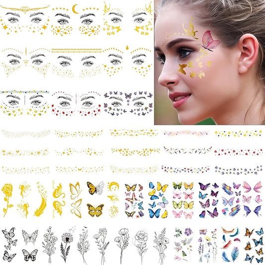 54 Sheets Gold Glitter Freckles Face Tattoo, 150+ Pcs Halloween Face Glitter Temporary Tattoo Stickers, Sparkle Freckles M...