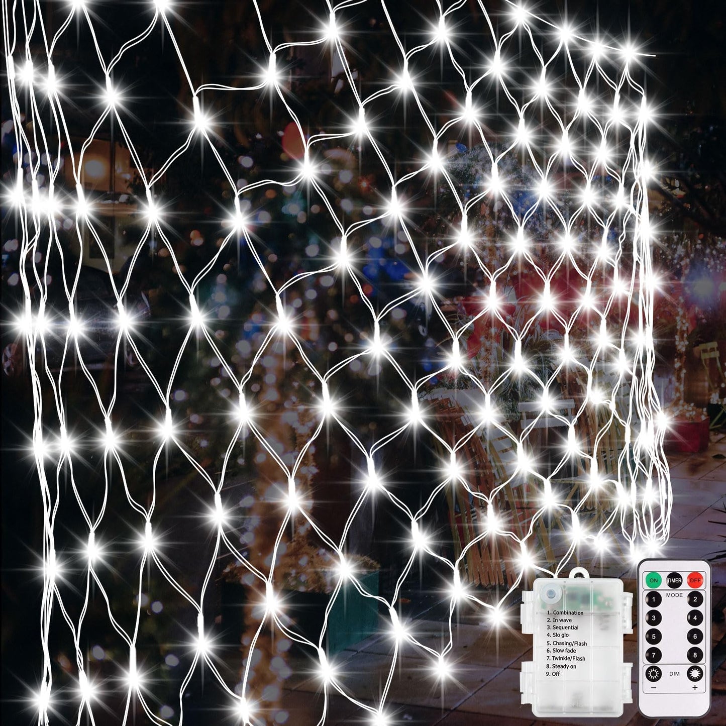 DBFAIRY Battery Powered Net Lights, 100 LED, 5x5 Ft, Cool White, Remote Timer, Dimmable, Outdoor Bush Decoration, Model DB100