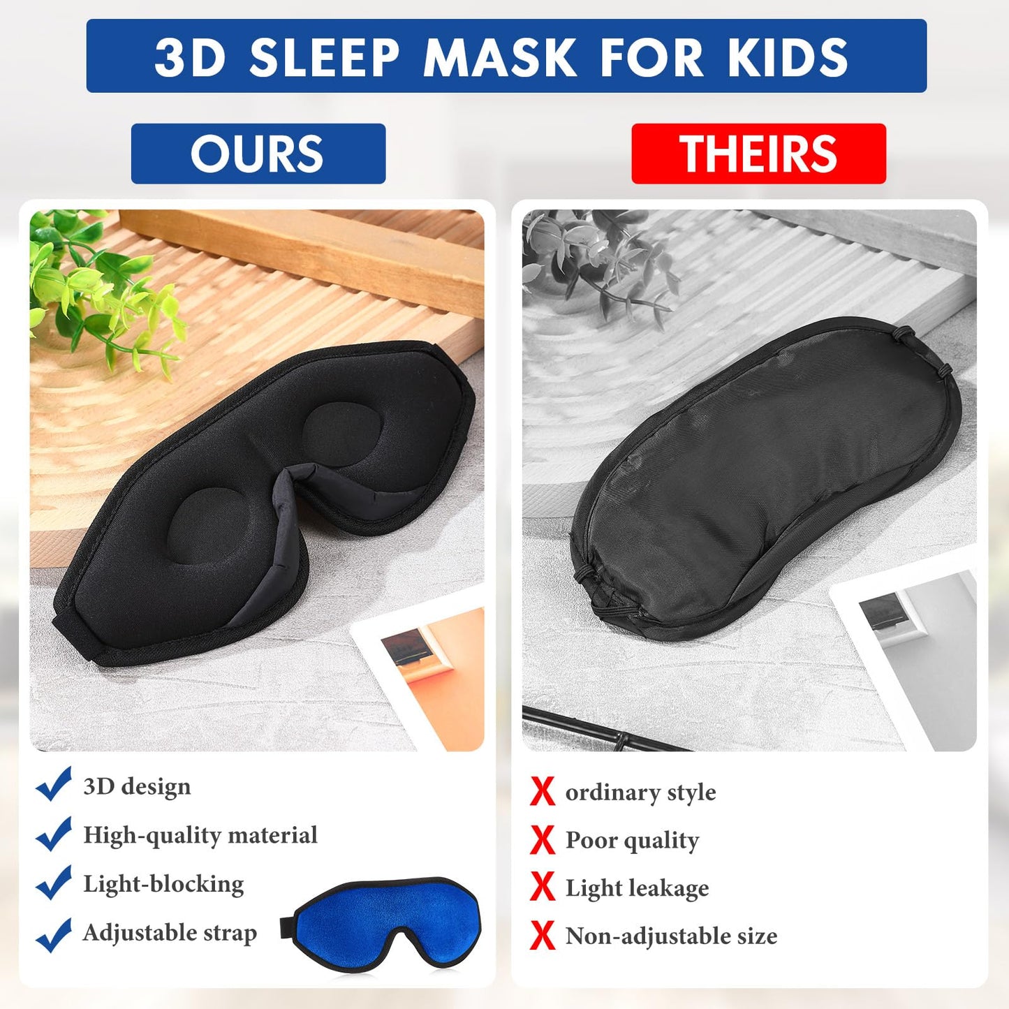 Coume Sleep Mask for Kids 3D Sleeping Blindfold Memory Foam Contoured Eye Mask with Blocking Light with Adjustable Strap(Dark Blue)